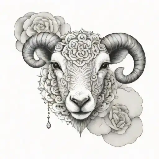 cute symmetrical lamb face made with fine line clouds tattoo design idea