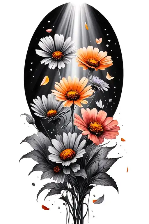 various individual wildflower stems swirling upwards in a beam of light. flower petals floating within the image tattoo design idea