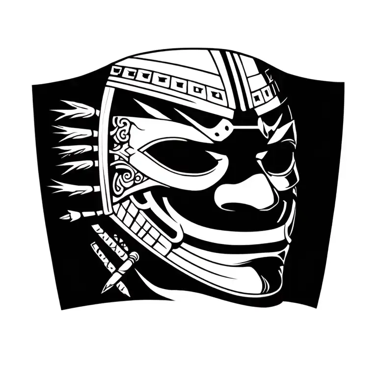 Japanese style samurai mask tattoo, black ink only, symbol of loyalty and honor, strong details, chest piece design. tattoo design idea
