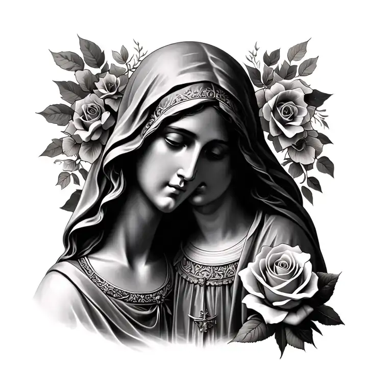 SAINT JUDE AND VIRGIN MARY WITH ROSE AT WRIST tattoo design idea