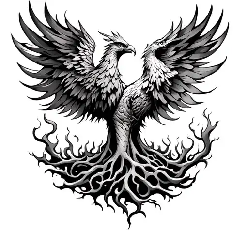 Tree of life on fire inside a phoenix tattoo design idea