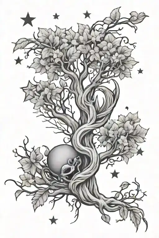 Gemini sign, scorpio zodiac sign intertwined, infant loss, trees, roots, stars tattoo design idea