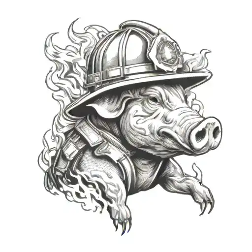 firefighter pig wearing helmet engulfed in flames tattoo design idea