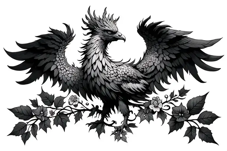 Phoenix with ivy and flowers on the neck tattoo design idea