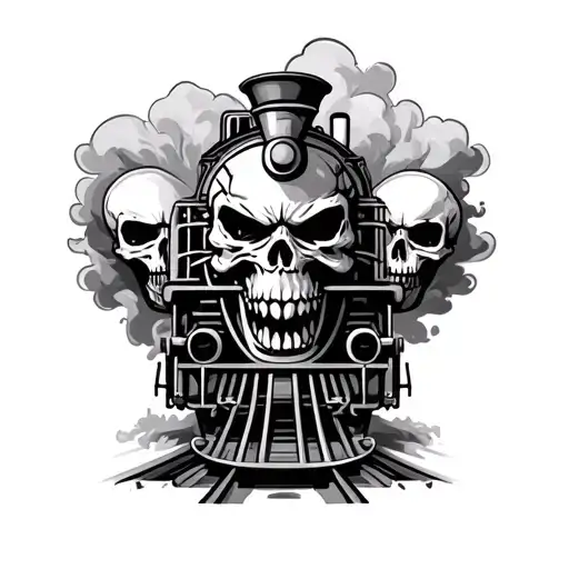 angry locomotive train blowing smoke with negative skulls  tattoo design idea