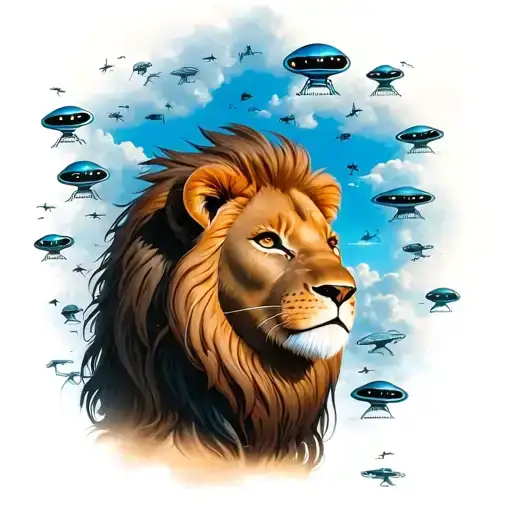 cute & small lion his face upwards, left side pose,  blue colored distant sky far from him filled with  many aliens tattoo design idea