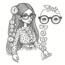 Coraline Doll with long straight hair and buttons as eyes with glasses and full lips, wearing gothic clothes tattoo design idea