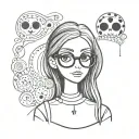Coraline Doll with long straight hair and buttons as eyes with glasses and full lips, wearing gothic clothes tattoo design idea