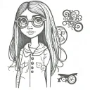Coraline Doll with long straight hair and buttons as eyes with glasses and full lips, wearing gothic clothes tattoo design idea