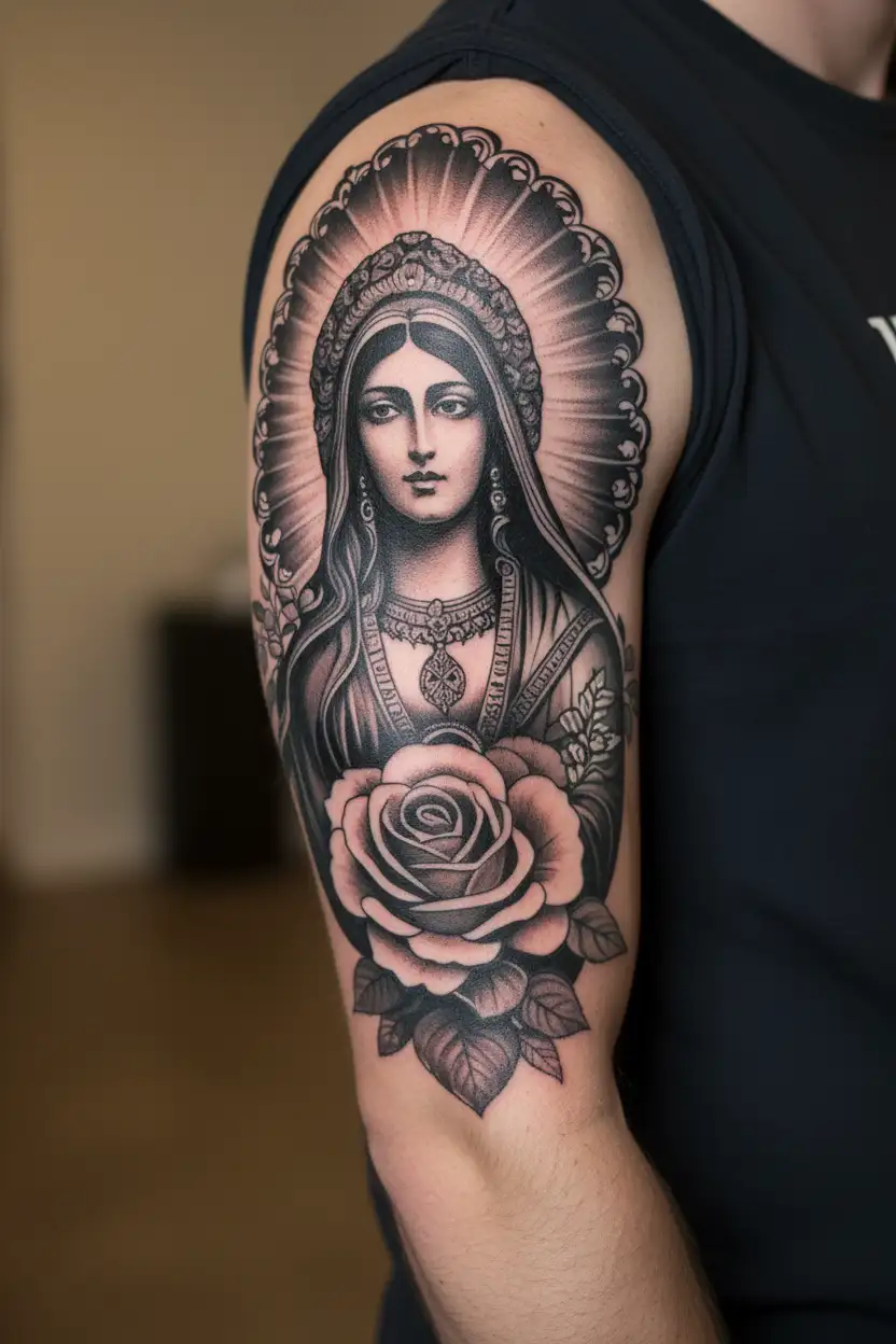 Guadalupe Mexican with roses tattoo design idea