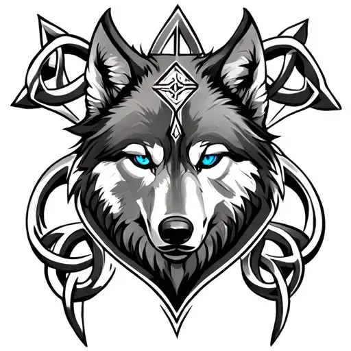Wolf With Blue Eyes On Armor Tattoo Design Featuring Celtic Trinity Knot Tattoo with cross tattoo design idea