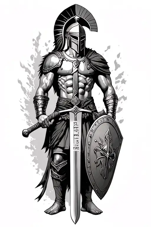spartan warrior with a shield and sword and the words still i rise in the sword tattoo design idea