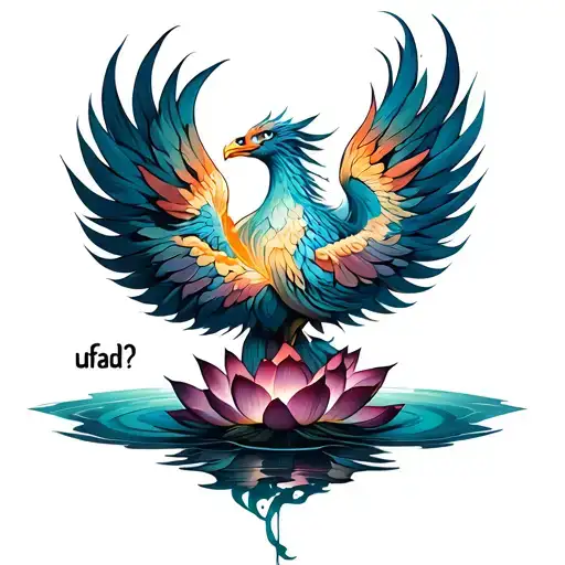 Phoenix Rising From Lotus flower With Sanskrit word "ufad?" (Transformation)flowing below it. tattoo design idea