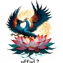 Phoenix Rising From Lotus flower With Sanskrit word "ufad?" (Transformation)flowing below it. tattoo design idea