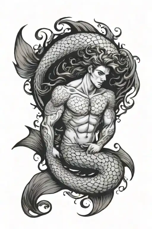 “I need you to create a tattoo design of a young male merman. The design should showcase his full body, with a special f tattoo design idea