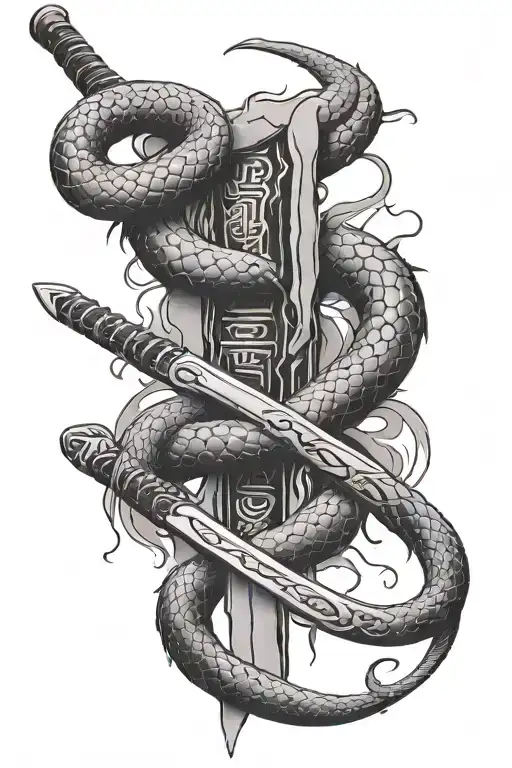 snake bleeding while wrapped tightly around a samurai sword thats damaged due to war tattoo design idea