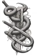 snake bleeding while wrapped tightly around a samurai sword thats damaged due to war tattoo design idea
