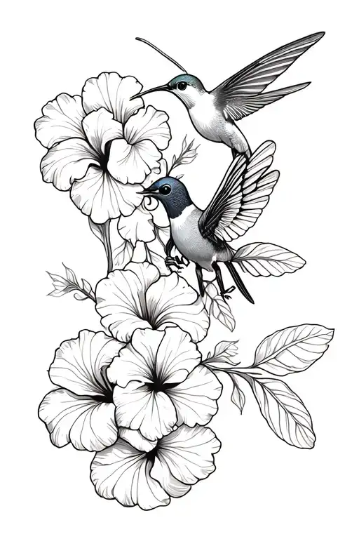 hibiscus flowers, hummingbird, bee, flowers, sleeve, ornamental tattoo design idea