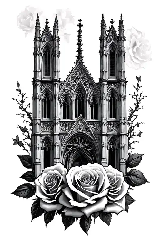 roses gothic cathedral tattoo design idea