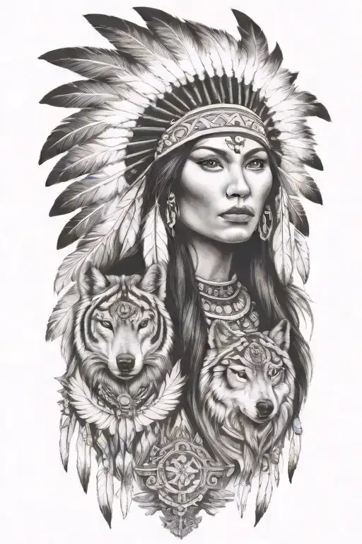 native American women wolf tattoo design idea
