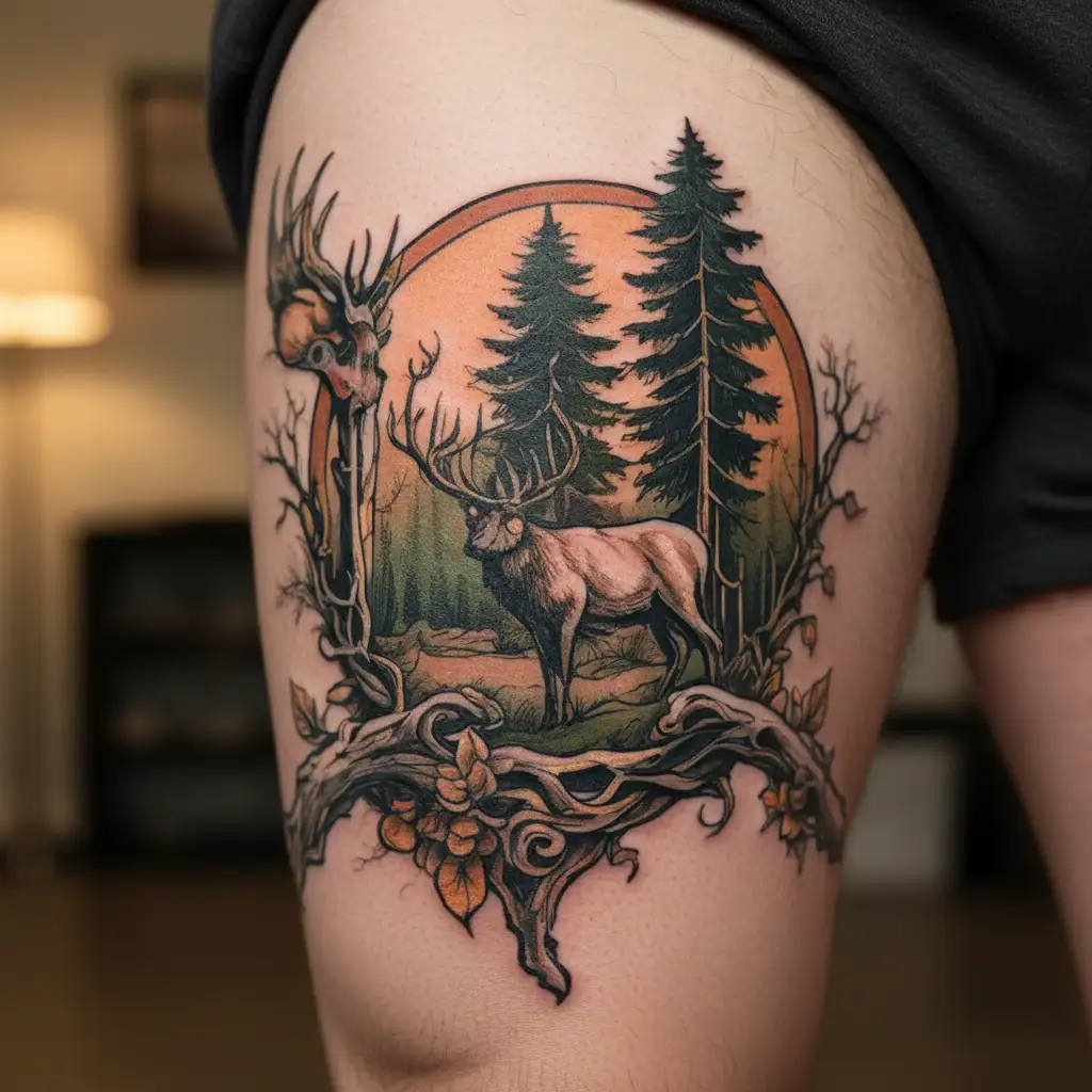 Forest and hunting scene tattoo design idea