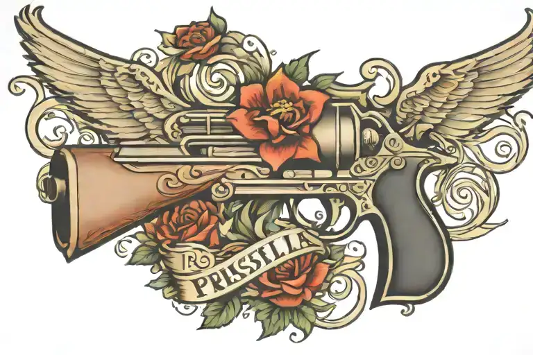 pistol with Priscilla name written tattoo design idea