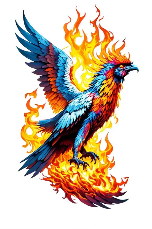 phoenix rising from the fires of hell, engulfed in flames, wings spread wide  tattoo design idea