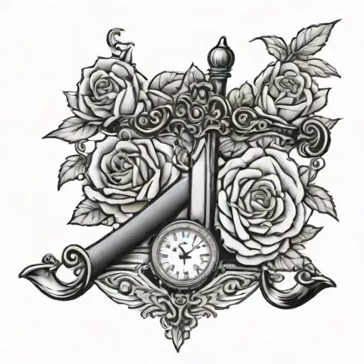 balance scale made of swords and roses intertwined tattoo design idea