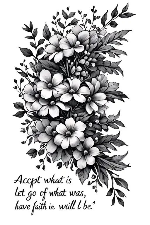 Accept what is, let go of what was, have faith in what will be’ on spine surrounded by flowers tattoo design idea
