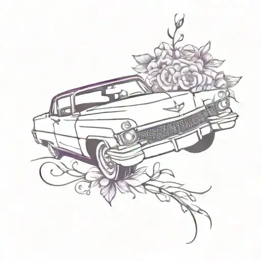 purple cadillac coupe deville with flowers tattoo design idea