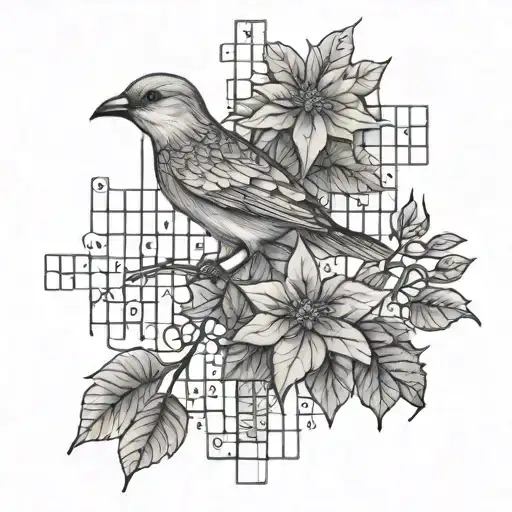 A crossword puzzle with hidden bird and poinsettia motifs throughout tattoo design idea