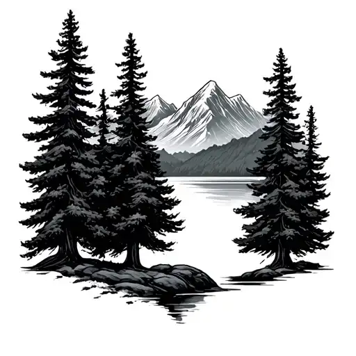 All black/grey tattoo representing the mountains of the lake district and Norway, the trees of the lake district , the w tattoo design idea