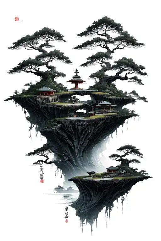 multiple floating islands that have bits of a japanese zen garden on it tattoo design idea