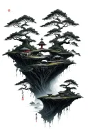 multiple floating islands that have bits of a japanese zen garden on it tattoo design idea