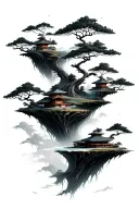 multiple floating islands that have bits of a japanese zen garden on it tattoo design idea