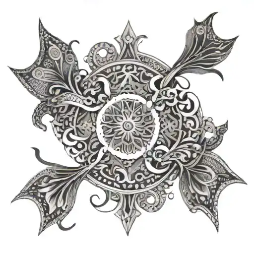 An intricate design of Maori patterns intertwined with arrow motifs and underwater creatures like manta rays and fish scales tattoo design idea