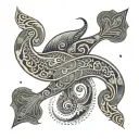An intricate design of Maori patterns intertwined with arrow motifs and underwater creatures like manta rays and fish scales tattoo design idea