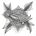 An intricate design of Maori patterns intertwined with arrow motifs and underwater creatures like manta rays and fish scales tattoo design idea