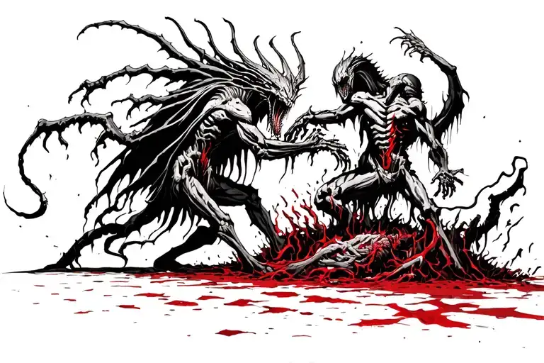 all out battle scene where demons, eldritch creatures, and monsters are ripping eachother apart. bloody, visceral, bone  tattoo design idea