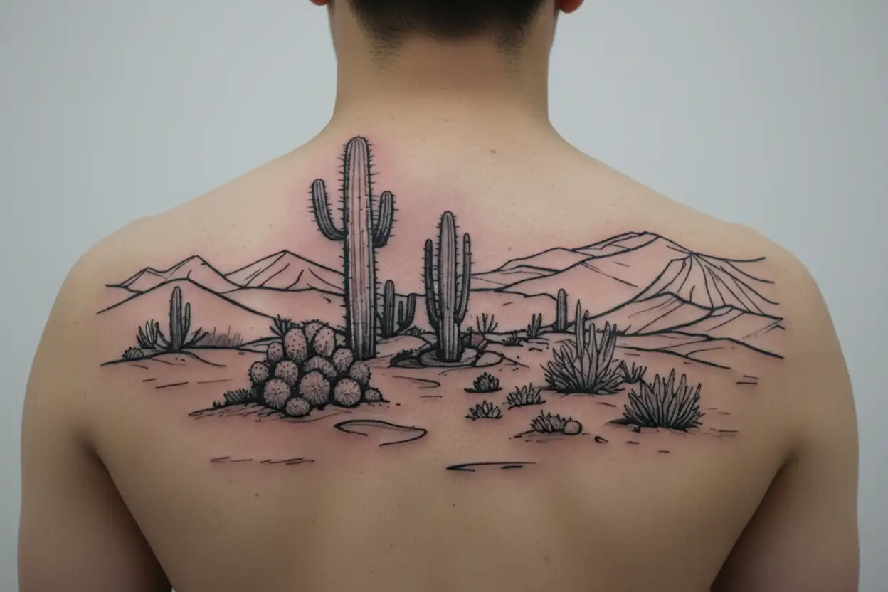 cactus in the desert tattoo design idea