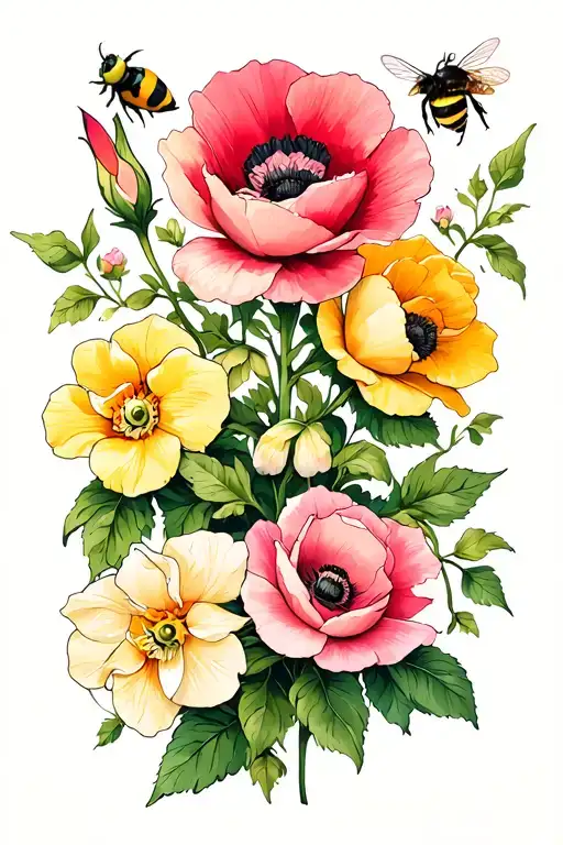 wild roses, poppies, primrose, narcissus, and honeysuckle with vines, a bee and bunny with vines tattoo design idea