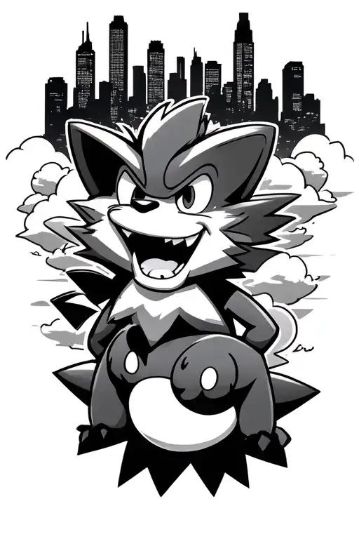 baltimore skyline in graffiti style with crash bandicoot laughing in the clouds and marshadow the pokemon doing a power  tattoo design idea