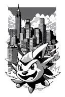 baltimore skyline in graffiti style with crash bandicoot laughing in the clouds and marshadow the pokemon doing a power  tattoo design idea
