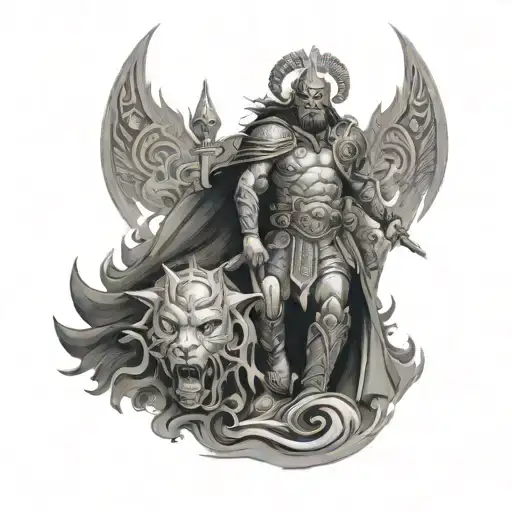 god warrior surrounded tattoo design idea