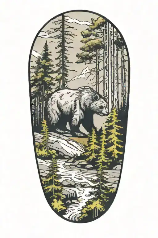 forest with bear walking tattoo design idea