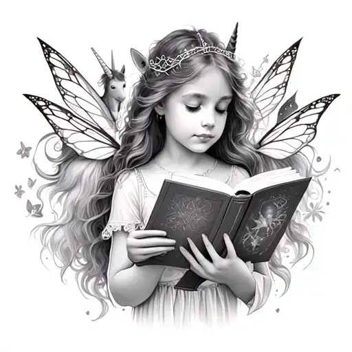 tattoo design of daughter reading magical book with illustrations of magical fairies and unicorns behind her tattoo design idea