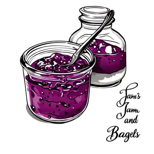 "Jam's Jam and Bagels" tattoo, with an open jar of purple jam, with a spreader  tattoo design idea