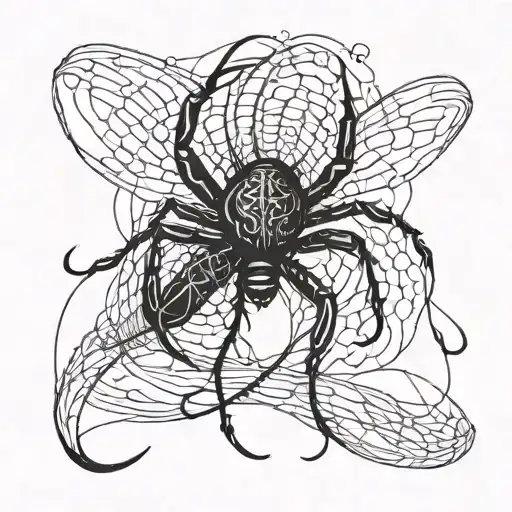 A fly fishing hook wrapped in spider silk with intricate gothic patterns tattoo design idea