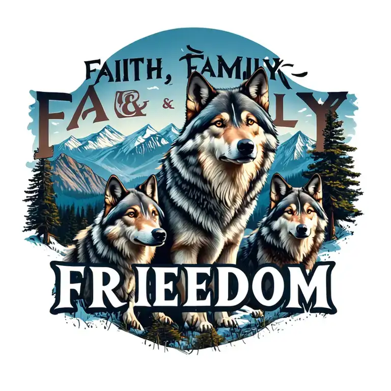"FAITH, FAMILY & FREEDOM" wolf family with rocky mountain scene tattoo design idea