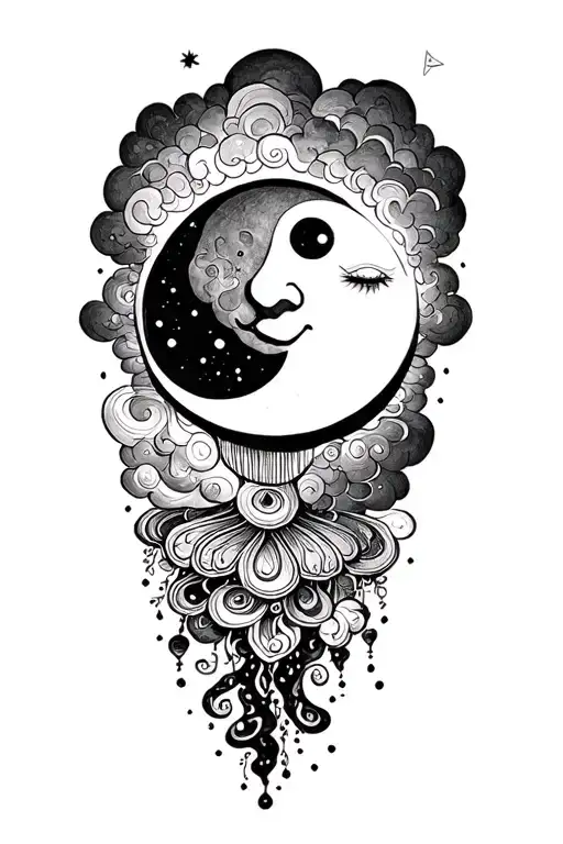 psychadelic clouds fantasy smiling moon tattoo design idea